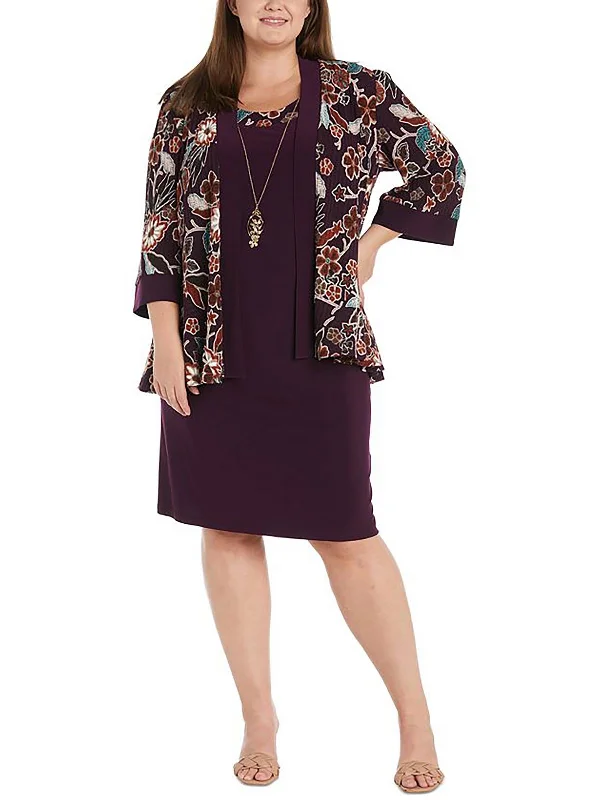 Women's Work Outfit For The Office Lightweight Fabric Plus Womens Floral Print Knee-Length Two Piece Dress