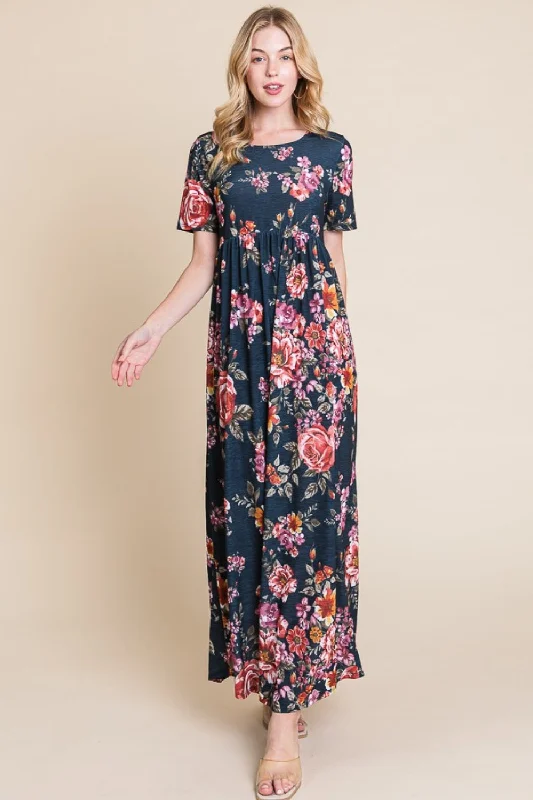 Women's Casual Apparel Art Deco Geometric Pattern Look Floral Short Sleeve Maxi Dress