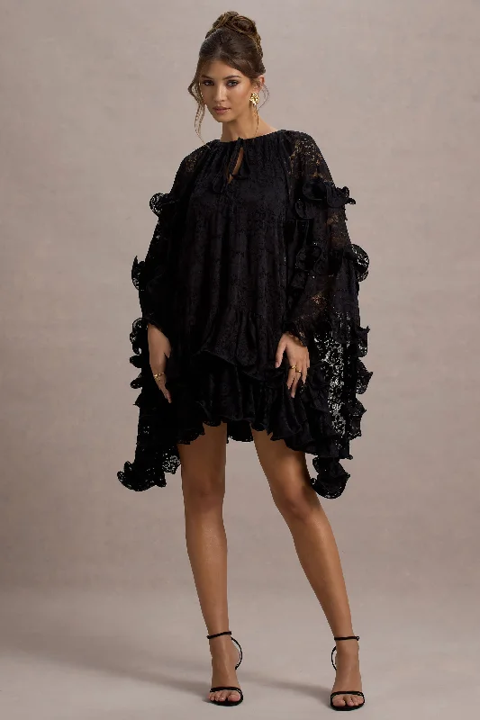 Women's Outfit For The Office Bold Silhouette Arlington | Black Lace Cape-Sleeve Mini Dress