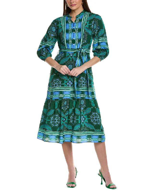 Women's Work Outfit For The Office Cottagecore Rustic Charm Style Garrie B 3/4-Sleeve Border Print Midi Dress