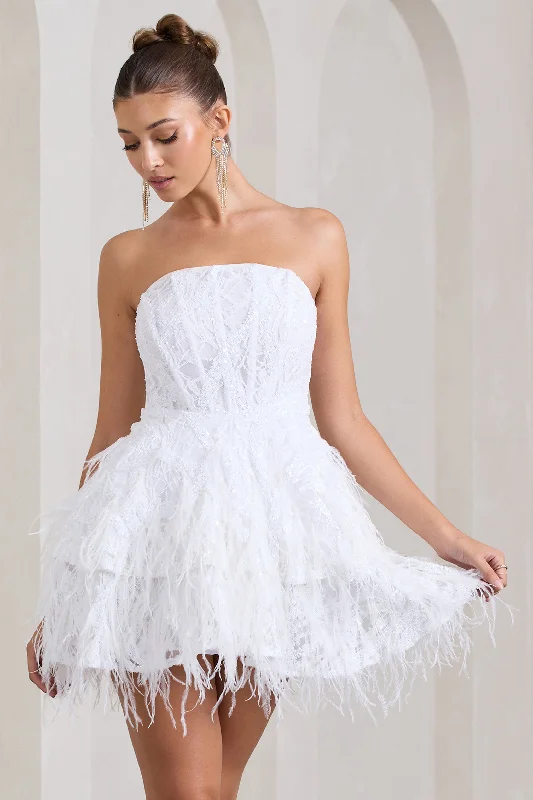 Women's Sports Apparel Feminine Flow Little Wish | White Sequin Lace Strapless Mini Dress With Feathers