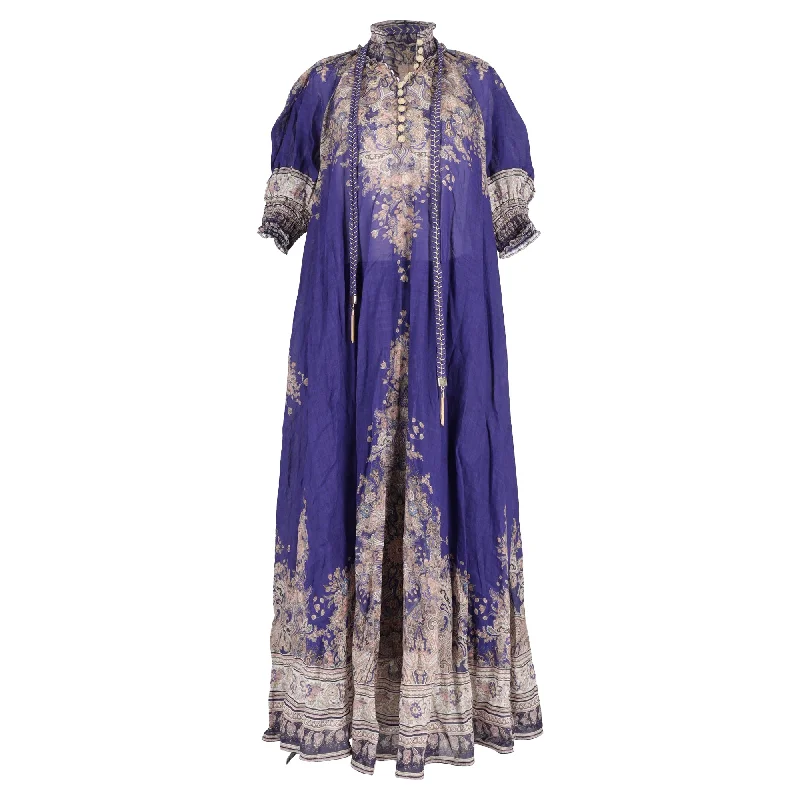 Women's High-Fashion Garments Elegant Contour Zimmermann Swing Belted Paisley-Print Ramie Maxi Dress in Purple Ramie