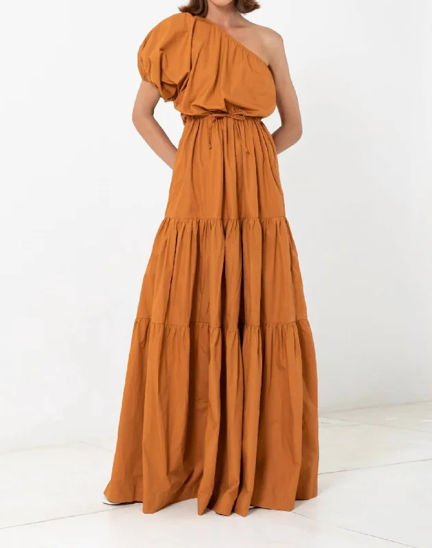 Women's Transitional Attire Big Savings on Rustic Countryside Styles One Shoulder Puff Sleeve Maxi Dress In Tuscan Sun