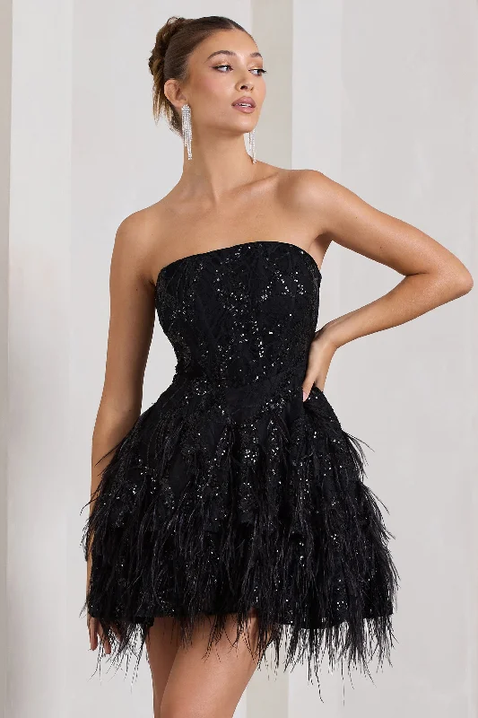 Women's Holiday Apparel Graceful Movement Little Wish | Black Sequin Lace Strapless Mini Dress With Feathers