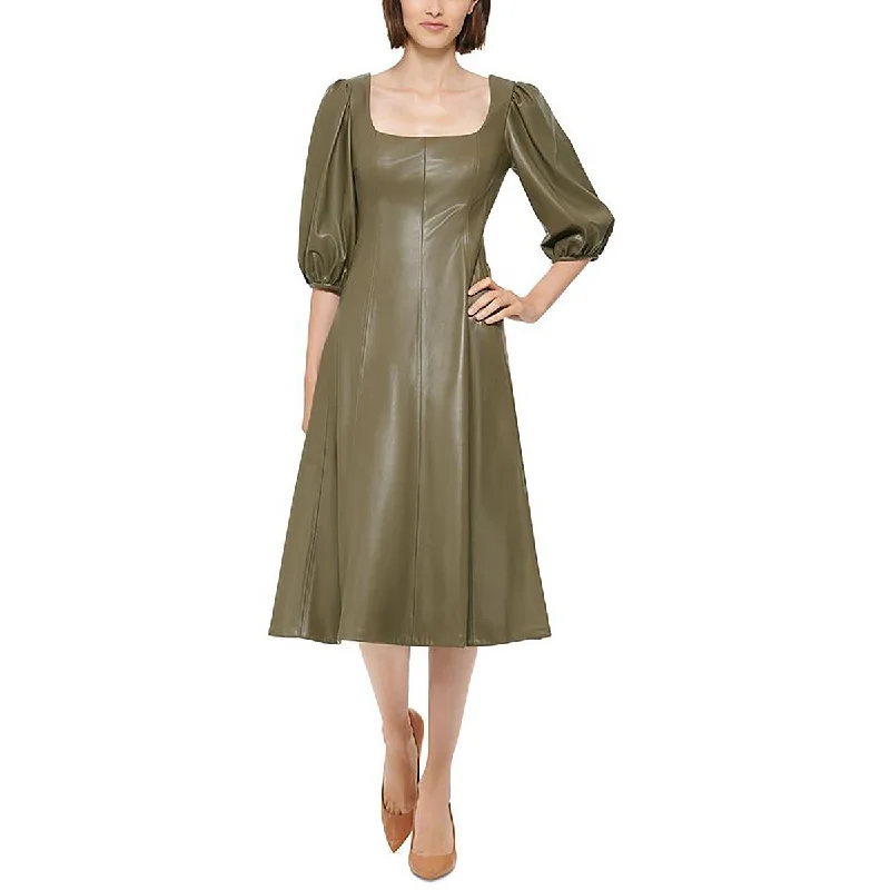 Plus-Size Women's Clothing Last Chance Sale Womens Faux Leather Square Neck Midi Dress