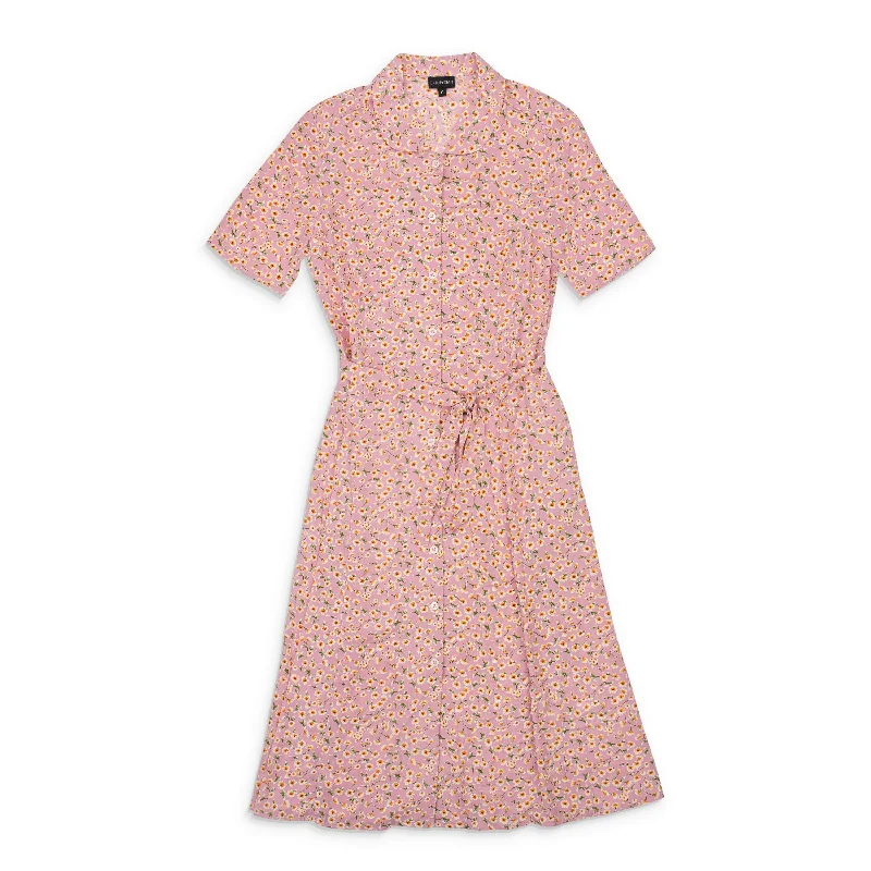 Classic Women's Apparel Now on Sale for Chic Urban Styles CALLIPYGIAN FLORAL BUTTON PINK TIE DRESS