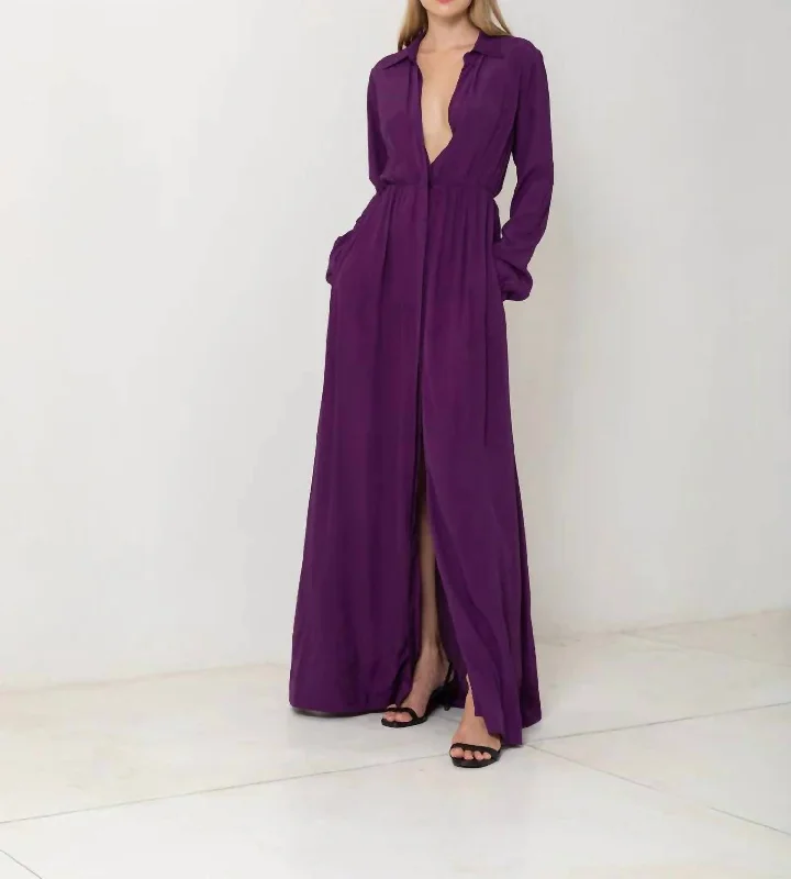 Women's Fashionable Attire For Work Limited - Time Bundle Long Sleeve Button Up Maxi Dress In Plum