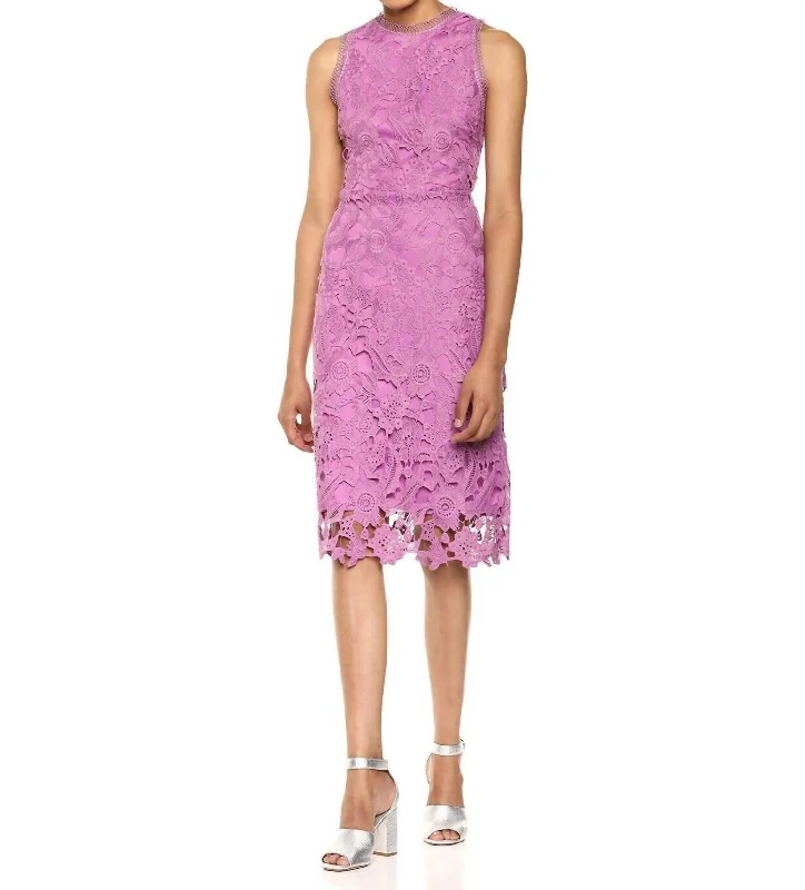 Women's Formal Event Attire Lighten Up with Nordic Styles Sleeveless Peacock Lace Fitted Midi Dress In Purple