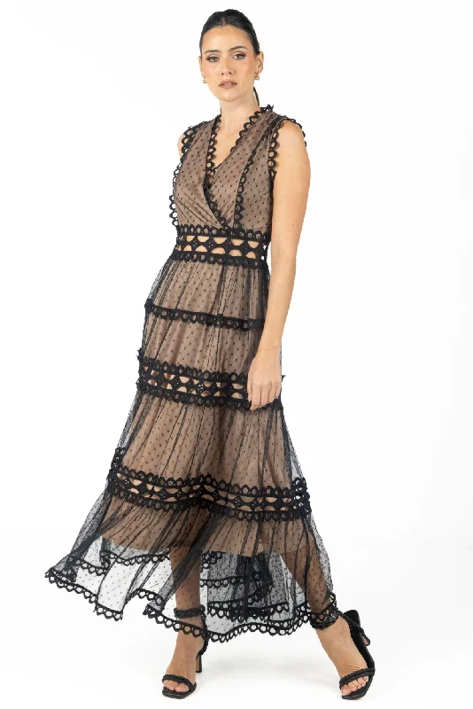 High-Fashion Women's Clothing Tropical Island - Inspired Attire Serena Black Lace Maxi Dress