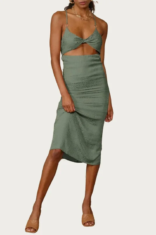 Modern Women's Attire Today Only Leopard Satin-Jacquard Twisted Cutout Midi Dress In Sage