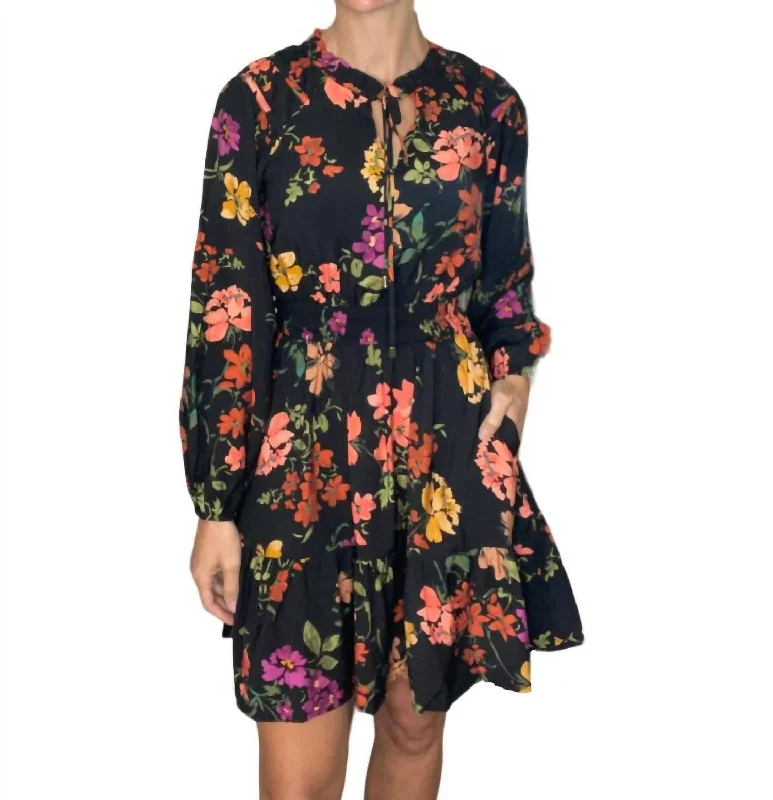 Women's High-Fashion Outfit Playful Elegance Mica Floral Dress In Black