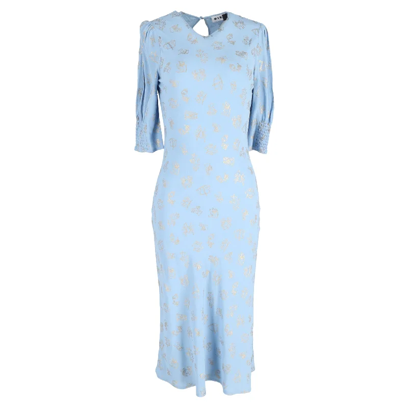 Women's Cozy Outfit For Lounging Coastal Beach - Inspired Style Rixo Jess Zodiac Signs Print Midi Dress in Light Blue Viscose