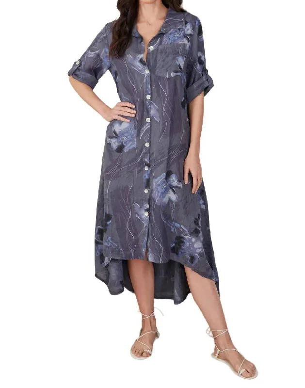 Women's Resort Apparel Holiday Sale Button Down Hi-Lo Floral Print Maxi Dress In Slate Blue