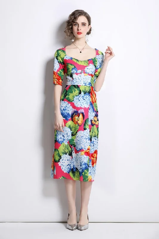 Women's Holiday Apparel Dreamy Draping Pink & Multicolor Print Day A-line Squareneck Short Sleeve Midi Dress