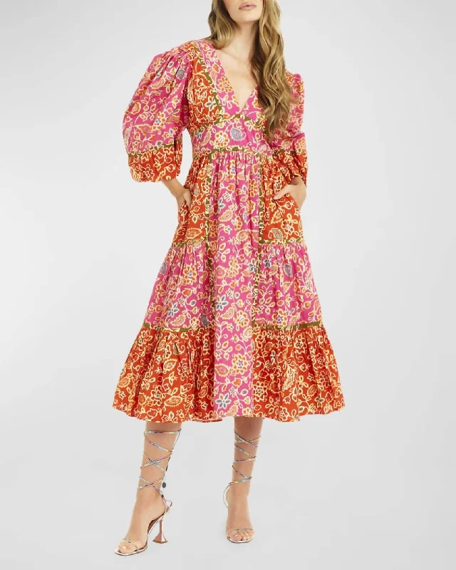 Women's Chic Outerwear Attire Limited - Edition Drops Elise Puff Sleeves Midi Dress In Alessandra Pink Print