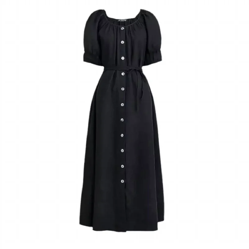 Fashionable Women's Outfit Nordic Minimalist Home Look Button-Up Linen Midi Dress In Black