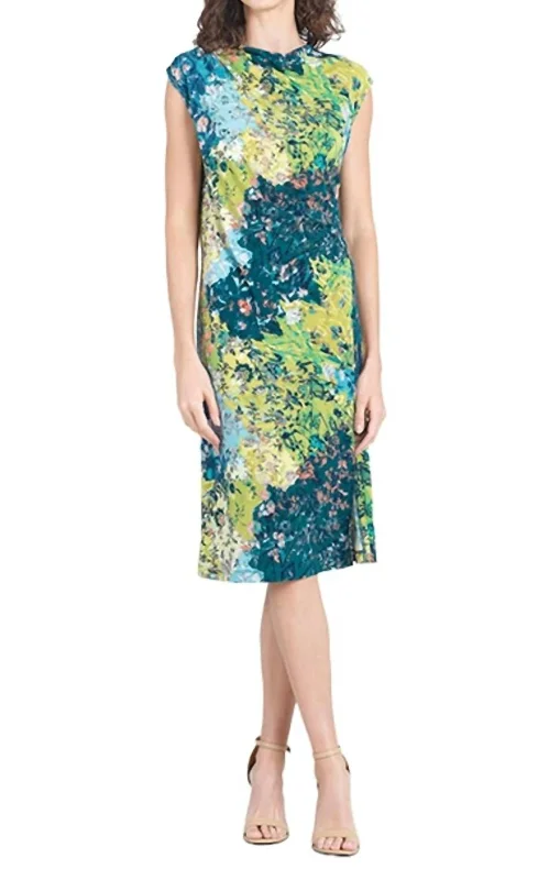 Women's Clothing For Everyday Wear Refined Simplicity Floral Patch Print Sleeveless Ruched Soft Knit Midi Dress In Green Multi