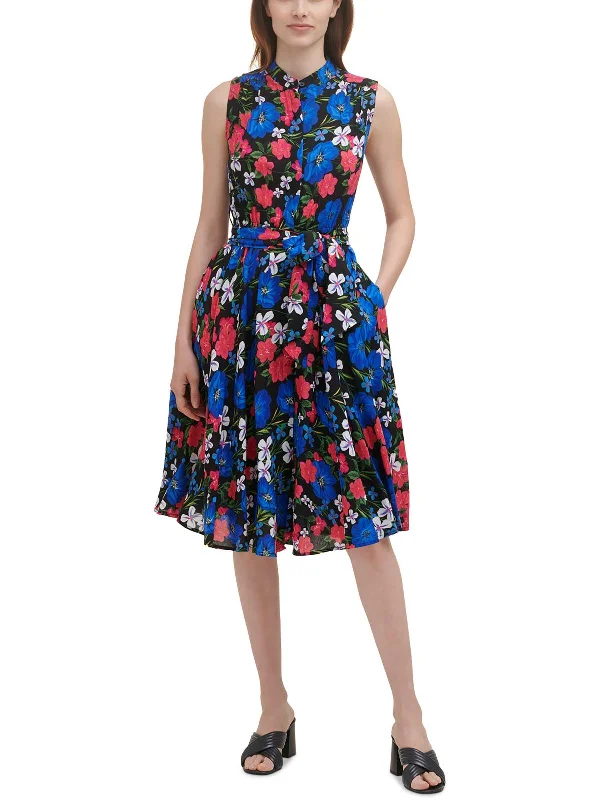 Elegant Women's Evening Garments Feminine Grace Womens Floral Print Collared Fit & Flare Dress