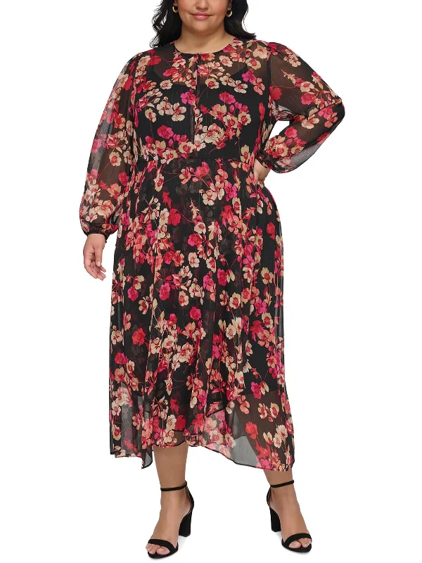 Women's Plus-Size Casual Outfit Classic Charm Plus Womens Floral Metallic Midi Dress