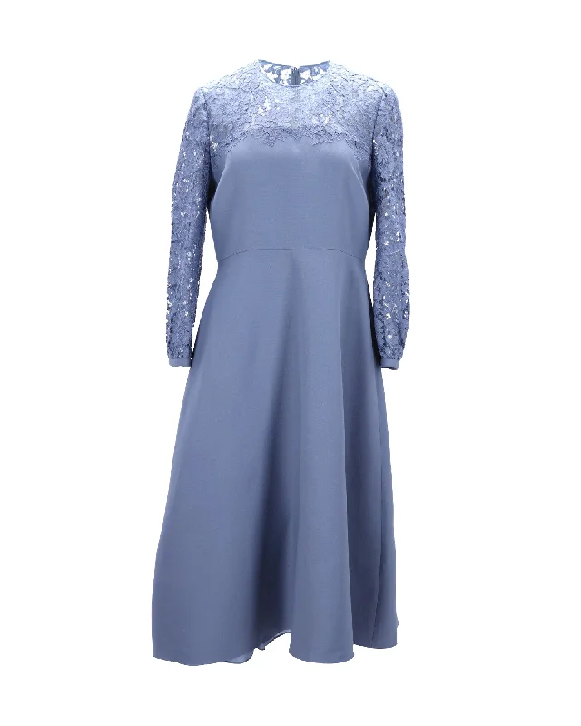 Women's Vintage Attire Statement Piece Valentino Garavani Wo Lace Midi Dress in Light Blue Virgin Wool