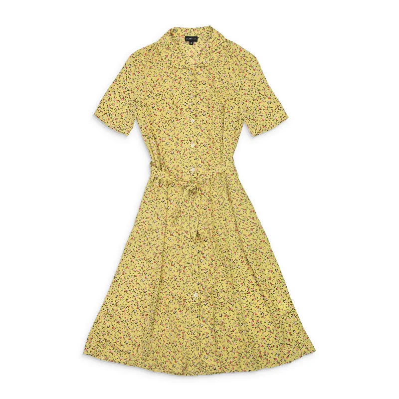 Timeless Women's Apparel Score Big on Glamorous Red - Carpet Styles CALLIPYGIAN FLORAL BUTTON YELLOW TIE DRESS