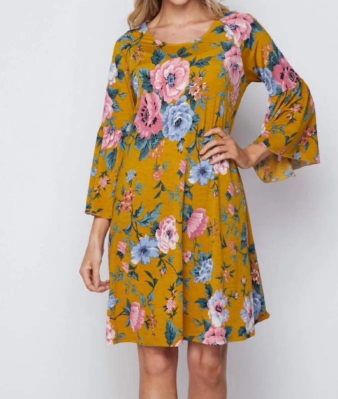 Casual Chic Women's Clothes Sophisticated Cut Floral Bell Sleeve Dress In Mustard Multi