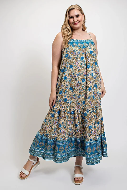 Women's Wedding Apparel Disco - Inspired Retro Dance Look Floral And Aztec Print Drop Down Maxi Dress With Spaghetti Strap