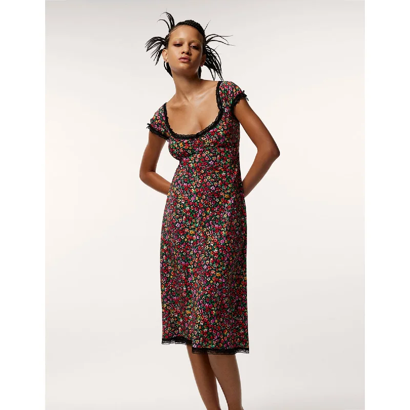 Women's Stylish Vacation Attire Beat the Heat in Tropical Styles Malibu Midi Dress Black Ditsy Floral