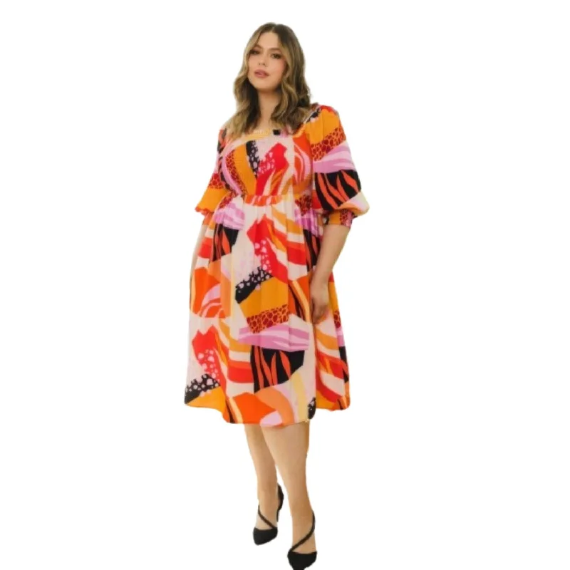 Women's Formal Clothes Beat the Heat in Tropical Styles Plus Floral Print Square Neckline Midi Dress