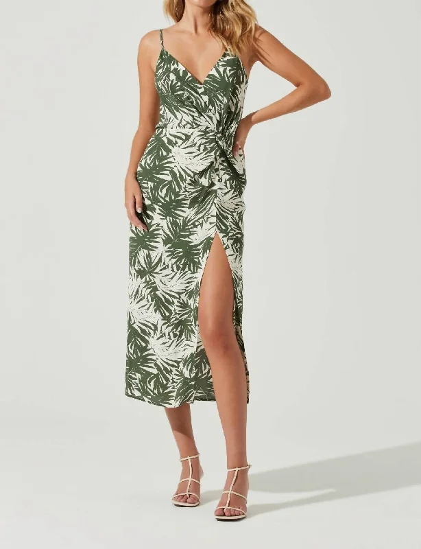 Modern Women's Clothes Urban Sophistication Destination Tropical Print Side Slit Midi Dress In Green-White Palm