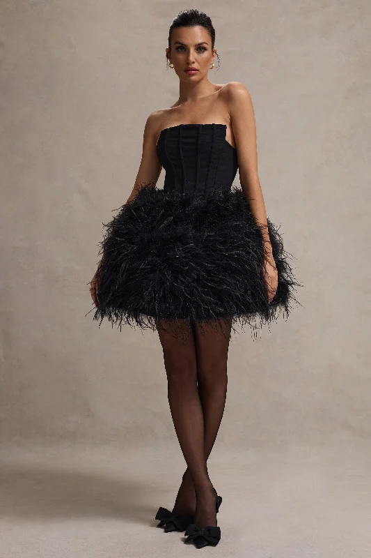 Women's Sporty Clothes Great Prices on Feminine Styles Peaches | Black Strapless Mini Dress With Volume Feather Hem