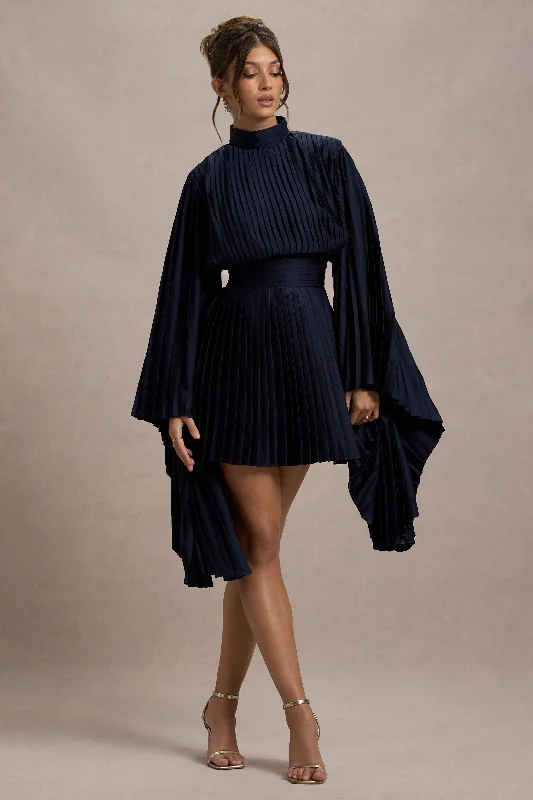 Women's Attire Dreamy Draping Charity | Navy Pleated High-Neck Mini Dress With Cape Sleeves