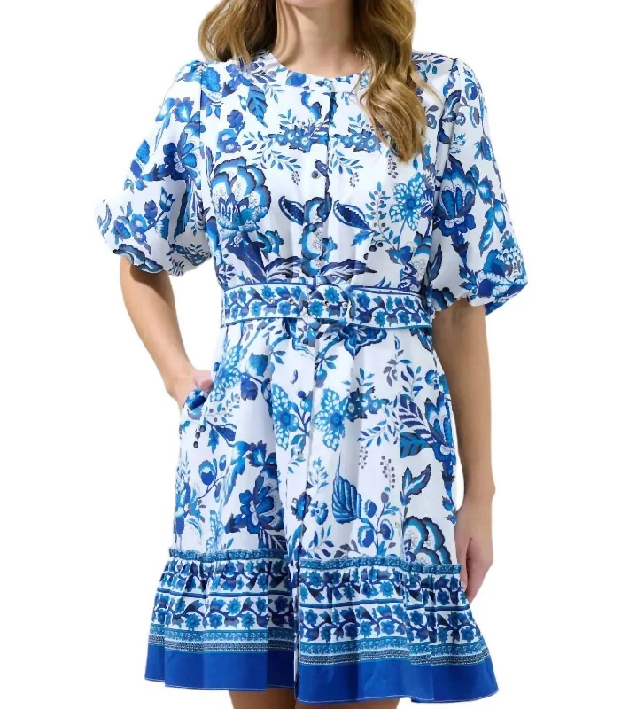 Women's Contemporary Apparel Flash Deals Belted Floral Dress In Blue + White