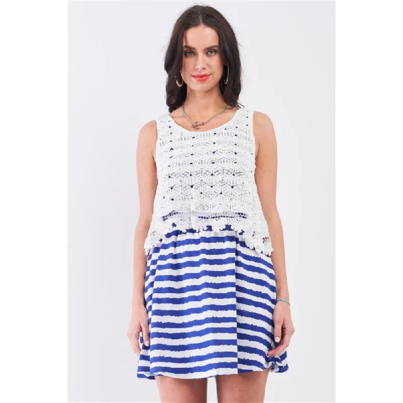 Women's Luxury Apparel Rustic Countryside Charm Look White & Navy Horizontal Striped Round Neck Sleeveless Floral Embroidery Layered Top Mini Dress