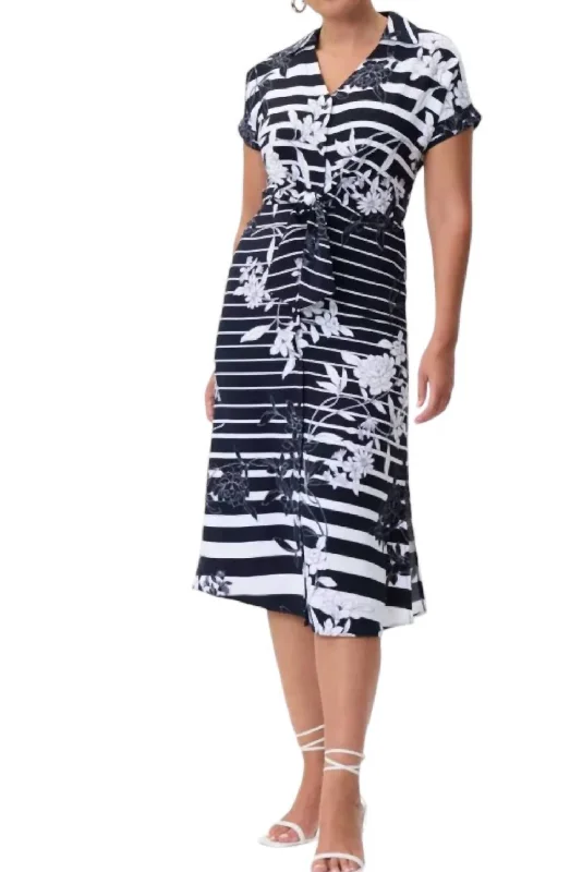 Plus-Size Women's Garments Flowy Fabric Woven Floral Dress With Stripes In Midnight Blue/van