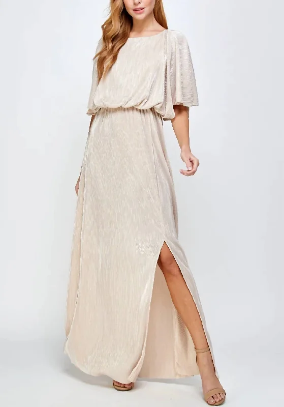 Women's Clothes For Work Clearance Event CAPE STYLE METALLIC STRIPE PLEATS MAXI DRESS in Gold