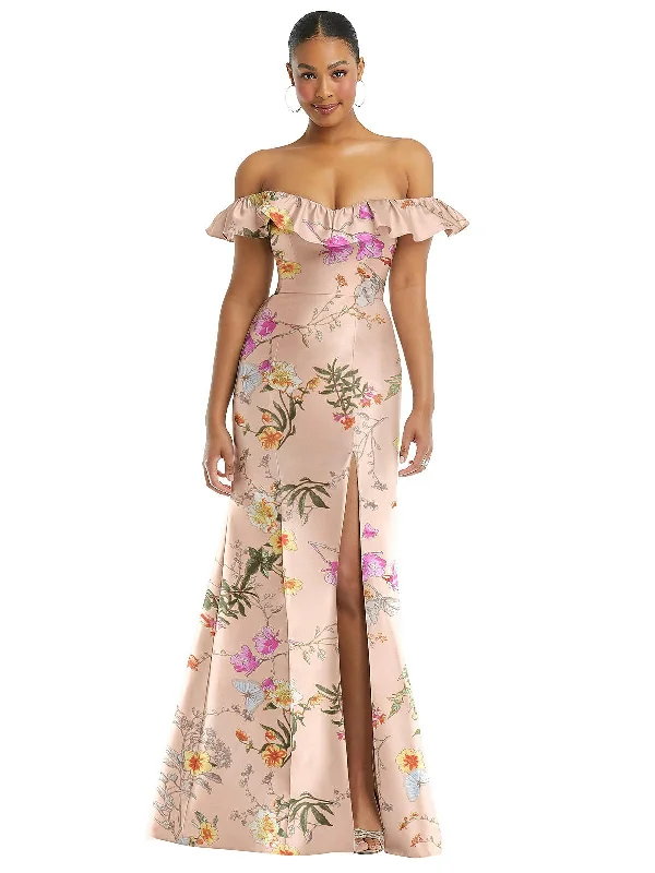 Stylish Women's Clothing Romantic Date - Night Ensemble Off-the-Shoulder Ruffle Neck Floral Satin Trumpet Gown