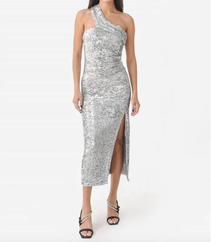 Women's Outerwear Apparel Playful Elegance Zay Sequin Draped Bustier Midi Dress In Silver