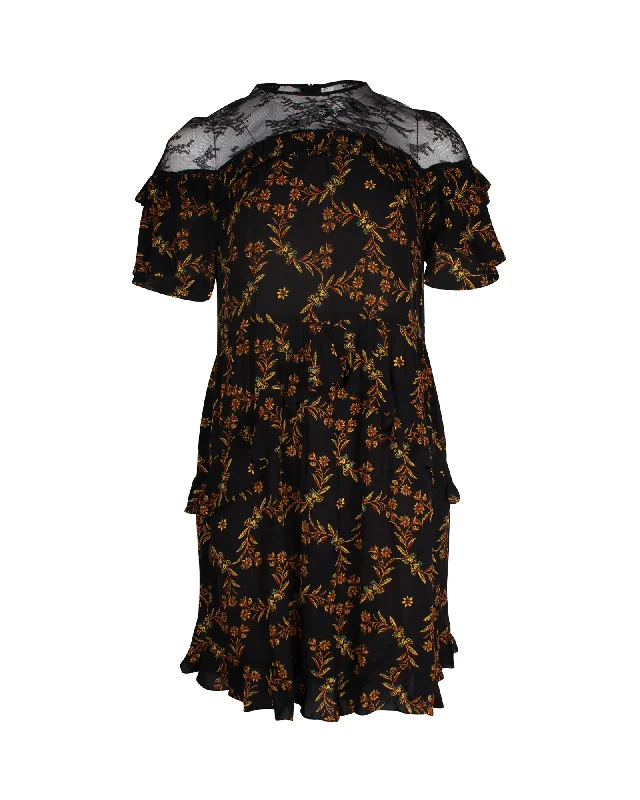 Women's Casual Attire Cottagecore Rustic Charm Style Sandro Alderic Ruffled Floral-Print Mini Dress in Black Viscose