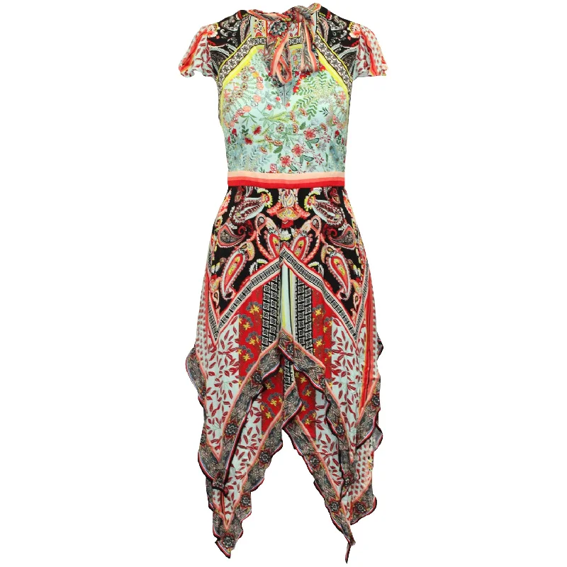 Elegant Women's Attire Boho - Chic Festival - Ready Style Alice + Olivia Tamara Floral and Paisley Tiered Handkerchief Sheath Dress in Multicolor Viscose