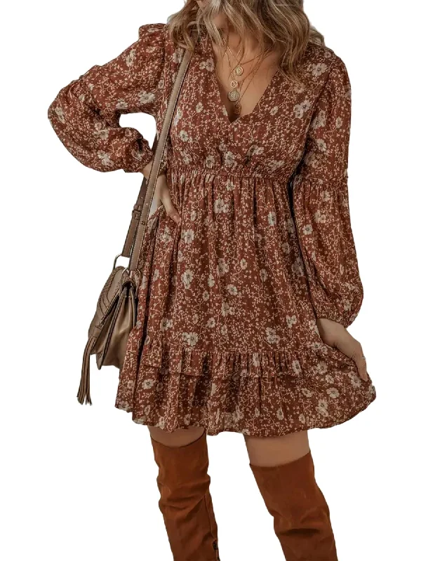 Comfortable Women's Apparel Feminine Flow Boho Floral Mini Dress In Rust