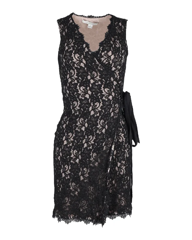 Women's Professional Attire Disco - Inspired Retro Dance Look Diane Von Furstenberg Floral Lace Sleeveless Wrap in Black Rayon