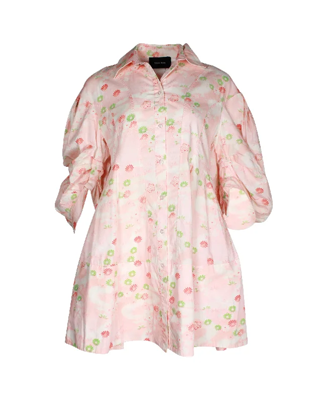 Women's Holiday Attire Flash Sale Simone Rocha Floral-Print Signature Sleeve Mini Shirt Dress in Pink Cotton