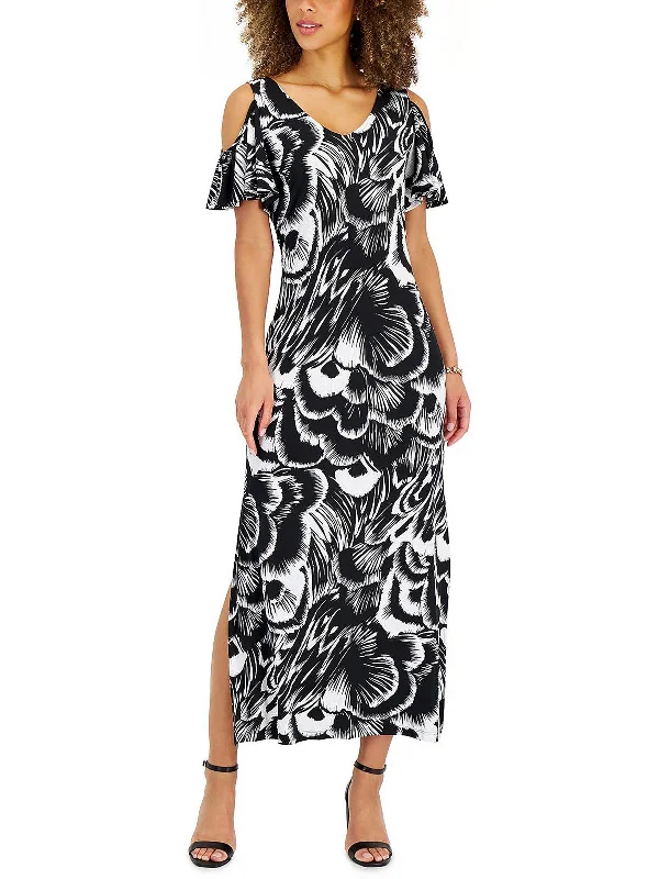 Women's Athletic Garments Lighten Up with Nordic Styles Petites Womens Printed Cold-Shoulder Maxi Dress