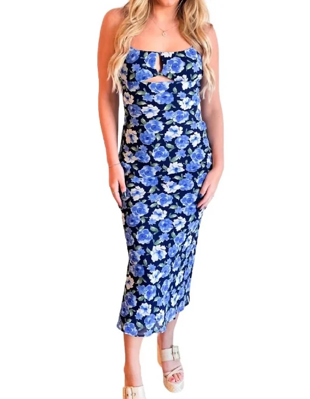 Stylish Women's Apparel Elegant Contour Floral Midi Dress In Blue