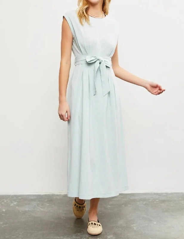 Women's Evening Wear Attire Dreamy Aesthetic Belted Self Tie Midi Dress In Seaglass