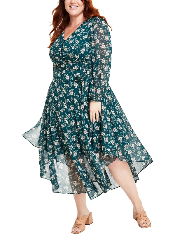 Women's Activewear Garments Dreamy Aesthetic Plus Womens Floral Print Handkerchief Hem Maxi Dress