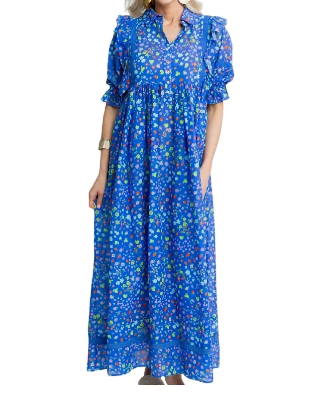 Women's Work Apparel Classic Timeless Elegant Style Summer Floral-N-Fruit Maxi Dress In Blue