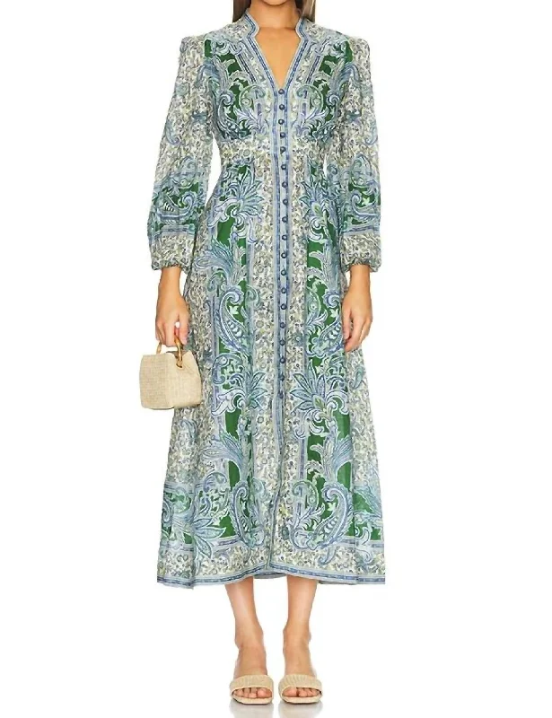 Women's Comfy Attire For Lounging Modern Romance Ottie Plunge Midi Dress In Green Paisley