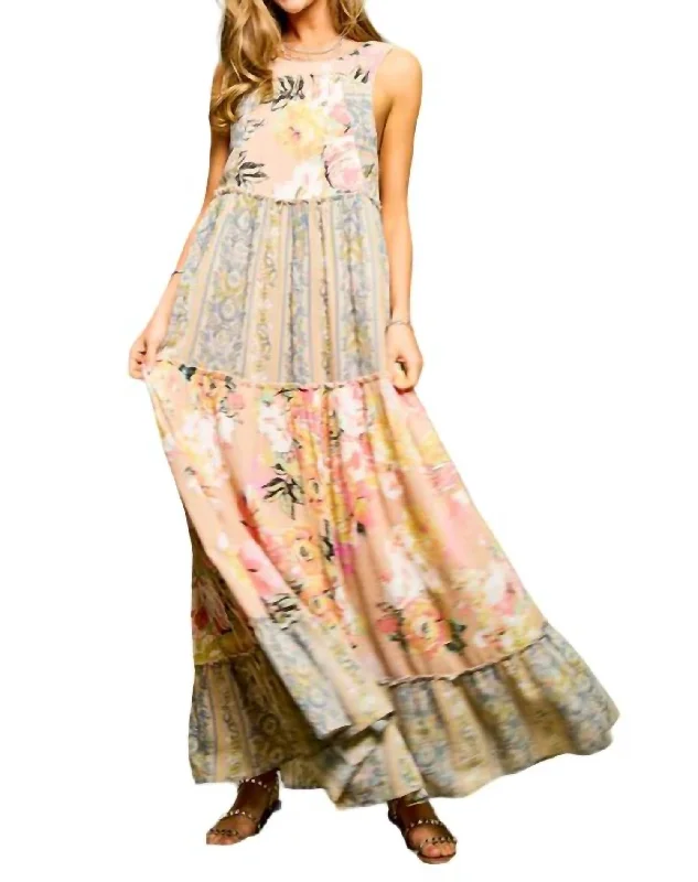 Affordable Women's Outfit Bold Silhouette Floral Boho Stripe Mixed Maxi Dress In Pink Beige